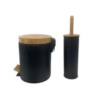 Black 5L Stainless Steel Step Trash Can Pedal Bin Toilet brush holder with wooden lid